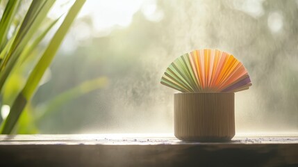 Poster - Colorful Fan-Shaped Palette in Natural Light on Wooden Surface