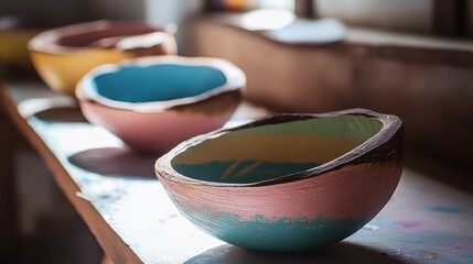 Poster - Colorful Handmade Bowls on a Sunlit Table in Artistic Studio