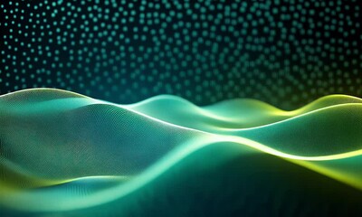 Poster - Abstract futuristic background with digital waves and dots, in a dark blue-green color gradient.

