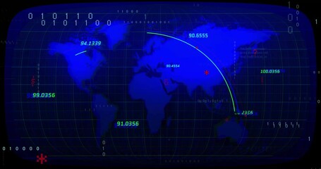 Poster - on opening map numeric labels fading in, animating arcs and code streaming visualizing global flow