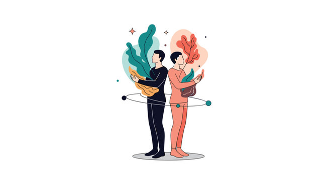 Two people holding plants facing away from each other illustrating differences