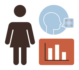 Poster - Female silhouette, speech analysis icon, and bar chart visualize communication, analytics, voice data, statistics, and engagement. Ideal for AI, technology research education healthcare voice