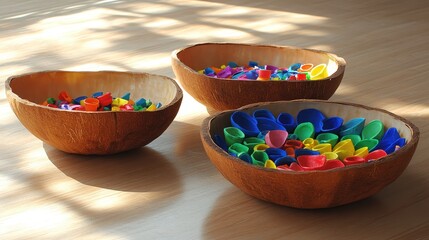 Poster - Colorful Plastic Objects Arranged in Wooden Bowls on a Table Surface