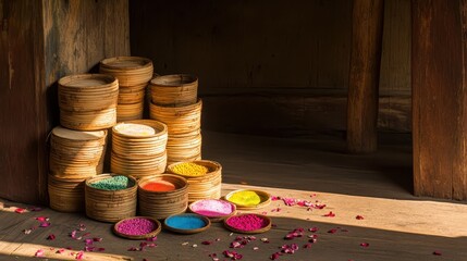 Poster - Colorful Powder in Bamboo Containers Accentuated with Flower Petals