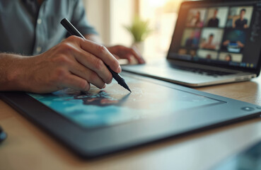 Poster - Man in gray shirt retouches image on laptop tablet. Professional editor uses stylus pen on graphics. Freelancer creates digital art on computer device. Portrait retouching process.