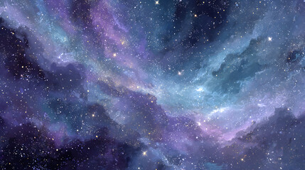Wall Mural - Beautiful fantasy starry night sky, blue and purple colorful, galaxy and aurora 4k wallpaper. cosmic watercolor illustration. Colorful space background with stars