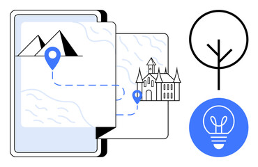 Poster - Smartphone map with location pins leading to a castle, mountain, and abstract tree and bulb. Ideal for navigation, adventure, education, creativity, exploration, travel simple landing page