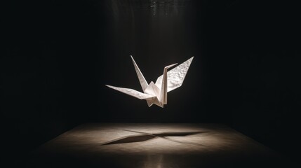 Poster - Floating white origami crane suspended in black void, delicate shadow beneath, ethereal spotlight