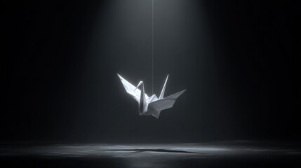 Poster - Floating white origami crane suspended in black void, delicate shadow beneath, ethereal spotlight