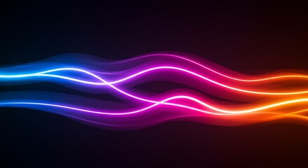 Poster - Radiant neon light trails flow and undulate across a dark background, creating a dynamic, futuristic, glowing wave effect.