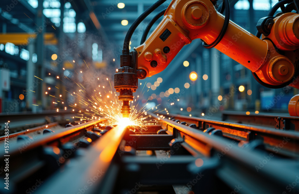 Industrial robotic arm welding metal rails in a high-tech manufacturing ...