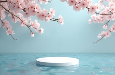 Poster - Round white water fountain in tranquil flower garden. Blue background contrasts with white sculpture, pink, white flowers. Unique shapes and sizes of flowers create visually appealing scene.