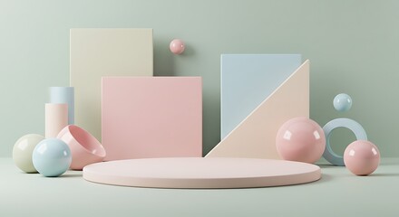 Poster - Minimalist presentation background with geometric shapes in pastel shades offers a modern stage for product display.