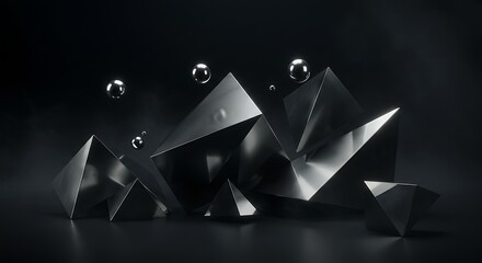 Poster - Dark abstract metallic pyramids and spheres create a striking and modern composition against a smoky black background.