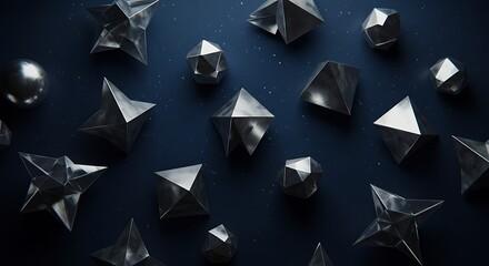Poster - Metallic geometric forms scattered across a dark blue field create an abstract and modern background with a sense of depth and elegance.