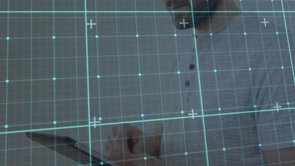 Poster - Office worker hand entering and tapping touchscreen device for tech navigation on cyan grid