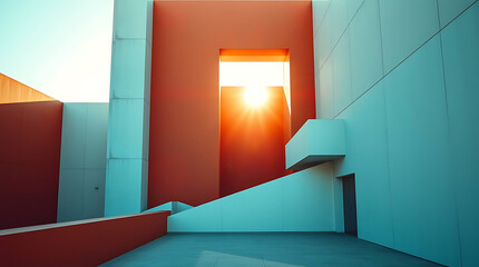 Poster - Modern Architectural Design Sunlit Abstract Geometry in Teal and Orange