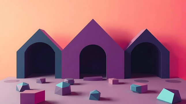 Abstract Geometric House Forms 3D Render of Purple Architectural Structures