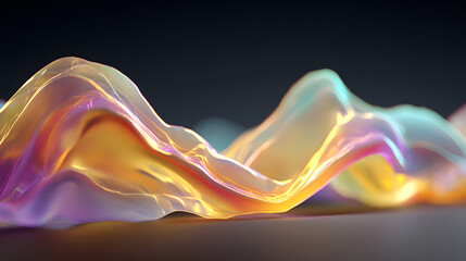 Poster - A dynamic 3D rendering of an abstract fluid holographic wave in neon hues, set against a dark backdrop. a gradient design suitable for banners, backgrounds. Abstract dark holographic iridescent neon