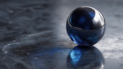 Poster - Mercury-like liquid sphere on dark marble surface, reflecting moody cobalt highlights, sci-fi minimalism