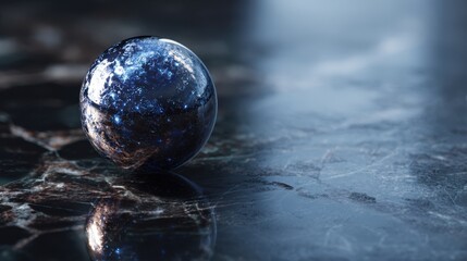 Poster - Mercury-like liquid sphere on dark marble surface, reflecting moody cobalt highlights, sci-fi minimalism