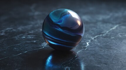 Poster - Mercury-like liquid sphere on dark marble surface, reflecting moody cobalt highlights, sci-fi minimalism