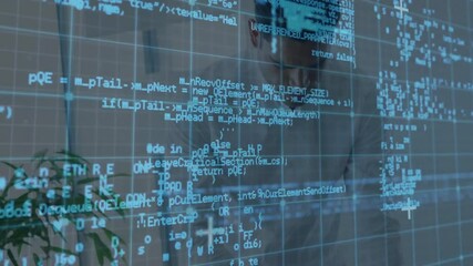 Poster - Programmer typing on keyboard over translucent grid and causing scrolling code fragments updating