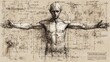 © Umri - Vitruvian man white study sketch with anatomical lines, classic human proportion art for medical, educational, and design ads