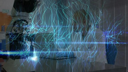 Poster - Scientist operating microscope initiating animated blue data streams across desk for science