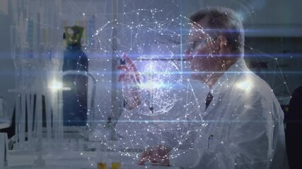 Poster - Upon hologram appearing senior male scientist probing glowing network globe nodes in technology lab