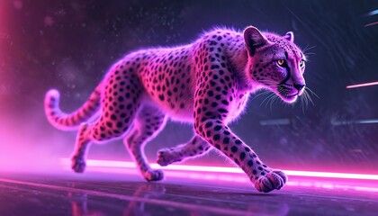 Fototapete - Majestic cheetah in dynamic sprint pose with grey, black, white spotted coat. Fast animal runs on blurred background of pink, purple hues. Cheetah fur stands out in stark contrast to blurred surface.