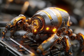 Poster - Intricate robotic spider exploring a futuristic circuit board in a dimly lit environment