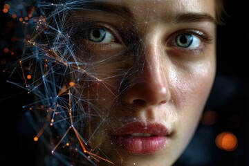 Poster - Close-up of a woman's face with an abstract, digital aura surrounding her features in a dark setting