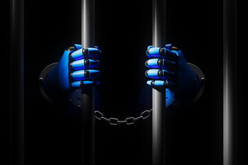 Poster - Robotic hands behind prison bars chained together, symbolizing AI confinement and control concept, dark background with dramatic lighting effect. 3D Rendering