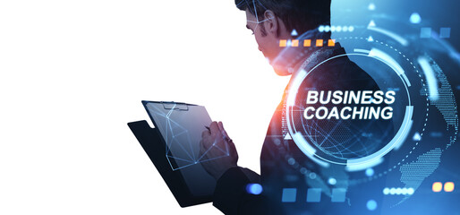 Poster - Business coaching concept with businessman writing on clipboard