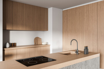 Poster - Minimalist modern kitchen interior with wood panel cabinets and sleek built-in appliances in soft lighting and neutral tones. 3D Rendering