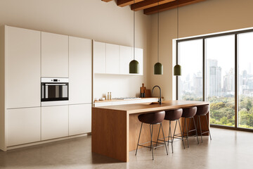 Fototapete - Modern minimalist kitchen interior with wood island, pendant lights, and large panoramic window overlooking cityscape and park in daylight. 3D Rendering