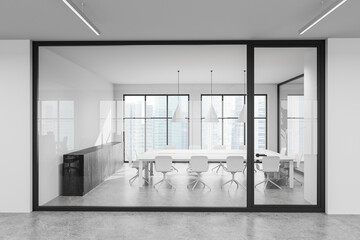Fototapete - Modern conference room interior with white furniture, glass walls, and panoramic city view, minimalist design concept in urban office setting. 3D Rendering