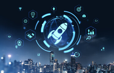 Poster - Futuristic startup launch concept with rocket icon over digital globe and Bangkok city skyline at night, representing innovation in Asia.