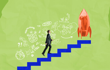 Poster - Businessman climbing blue steps toward red rocket with startup c