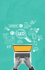 Poster - Hands typing on laptop with SEO and digital marketing doodles on teal background representing search engine optimization concept.