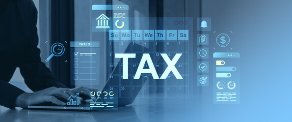 Poster - Digital tax planning concept with financial data graphics and businessman using laptop at office desk, futuristic blue interface background.
