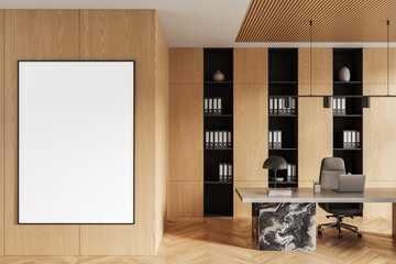 Poster - Modern office interior with wooden walls and large vertical blank poster frame on left side for design mockup or concept template presentation backdrop. 3D Rendering