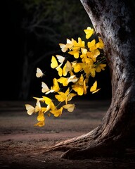 Poster - luminous butterfly swarm in dark forest