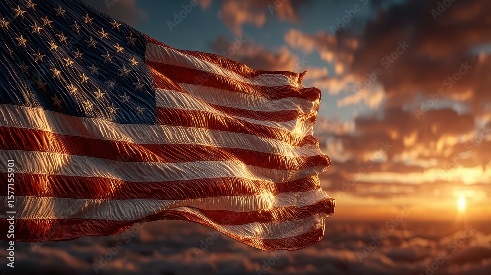 Waving American flag against a stunning sunset sky filled with clouds ...