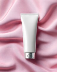 Poster - cosmetics tube mockup on pink fabric with soft lighting