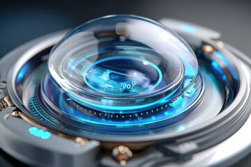 Poster - Futuristic device with holographic display showcasing advanced technology in a sleek design environment