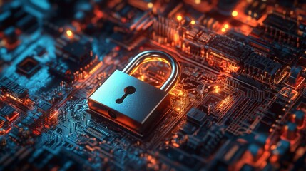 Poster - A metallic padlock rests on a glowing circuit board, symbolizing cybersecurity and data protection in a digital environment.