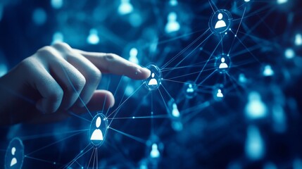 Poster - A hand interacts with a digital network of connected user icons, symbolizing social media, networking, or digital communication.