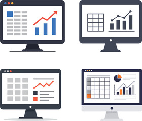 Aufkleber - four computer monitors displaying various business graphs and charts.